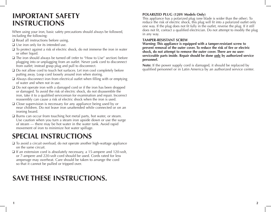 Special instructions | Black & Decker First Impressions ICR517 User Manual | Page 2 / 13