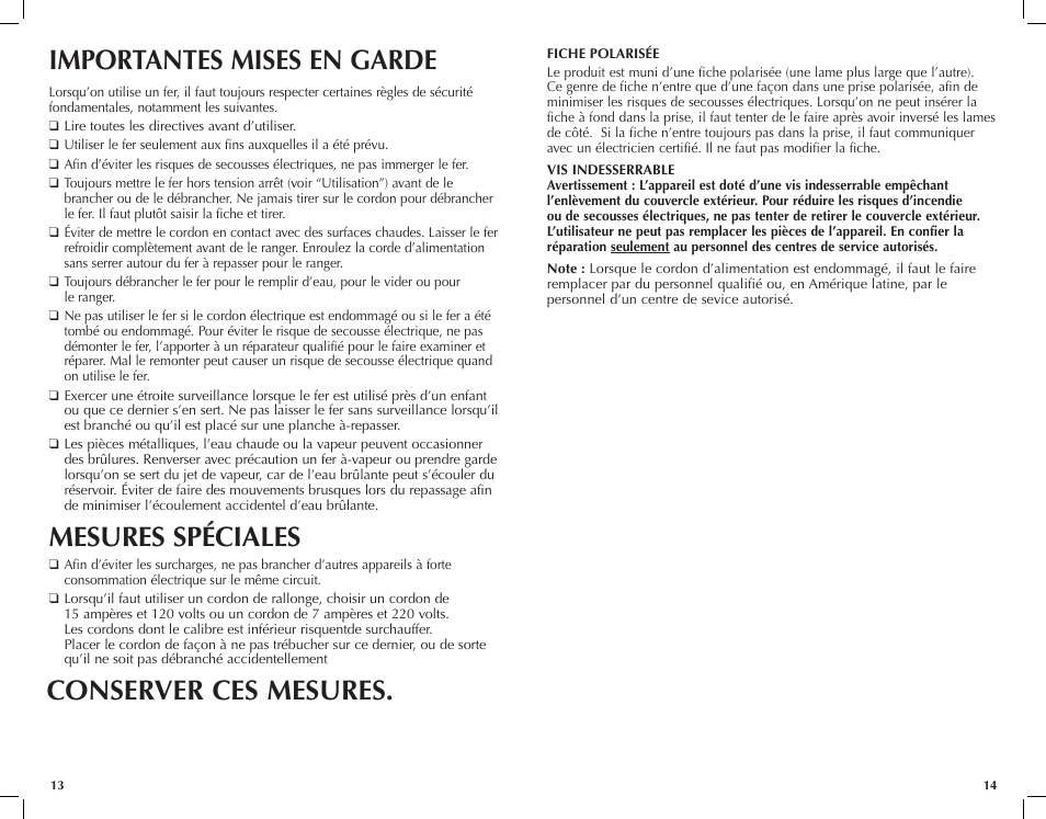 Mesures spéciales, Importantes mises en garde conserver ces mesures | Black & Decker First Impressions ICR517 User Manual | Page 8 / 13