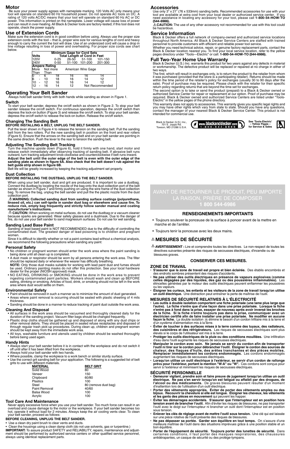 Mesures de sécurité, Accessories, Service information | Full two-year home use warranty, Motor, Use of extension cords, Operating your belt sander, Renseignements importants | Black & Decker BR400 User Manual | Page 2 / 5