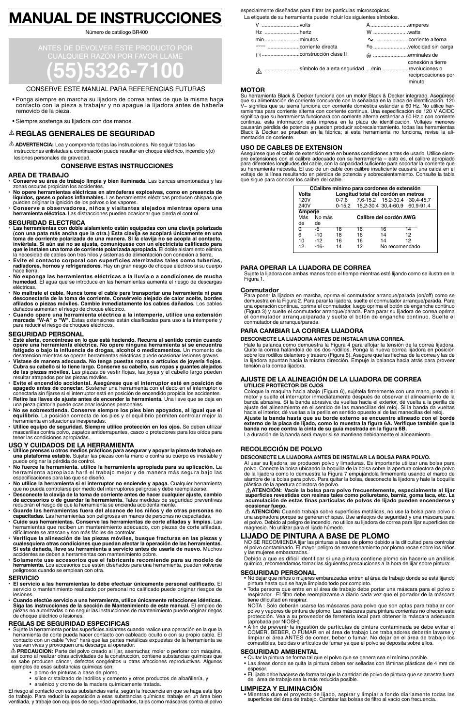 Manual de instrucciones, Reglas generales de seguridad, Lijado de pintura a base de plomo | Black & Decker BR400 User Manual | Page 4 / 5