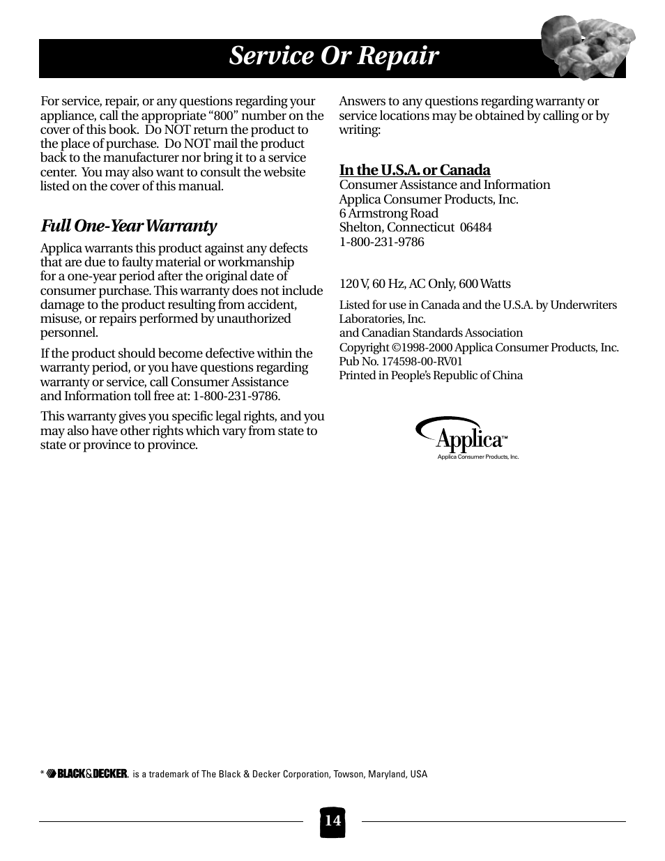 Service or repair, Full one-year warranty | Black & Decker B2000 User Manual | Page 14 / 32