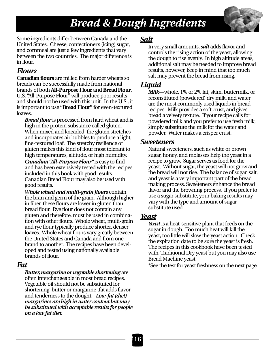 Bread & dough ingredients, Flours, Salt | Liquid, Sweeteners, Yeast | Black & Decker B2000 User Manual | Page 16 / 32