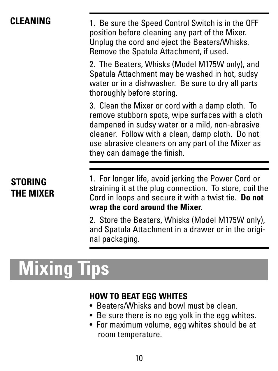 Storage, Mixing tips | Black & Decker M175W Shown User Manual | Page 10 / 16