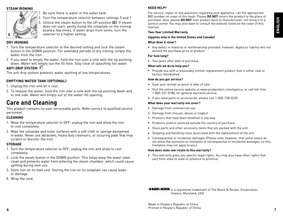 Care and cleaning | Black & Decker Classic 4-7-50S User Manual | Page 4 / 13