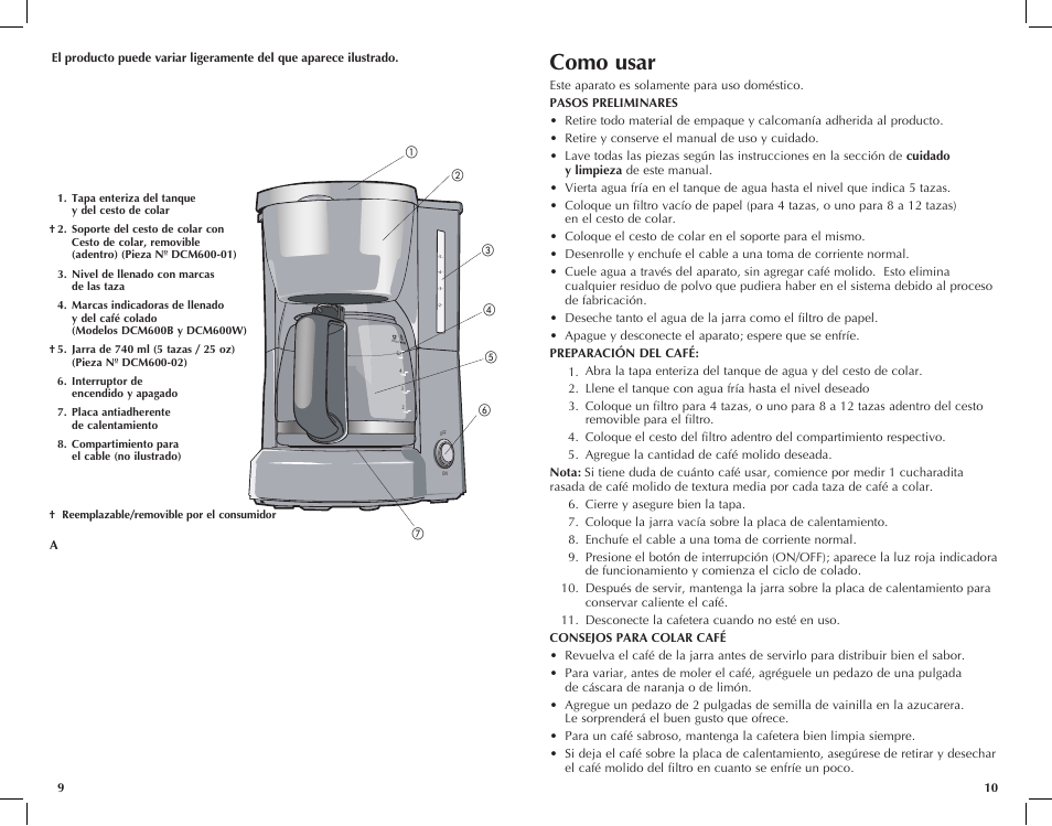 Como usar, Cuidado y limpieza | Black & Decker DCM600W User Manual | Page 6 / 13