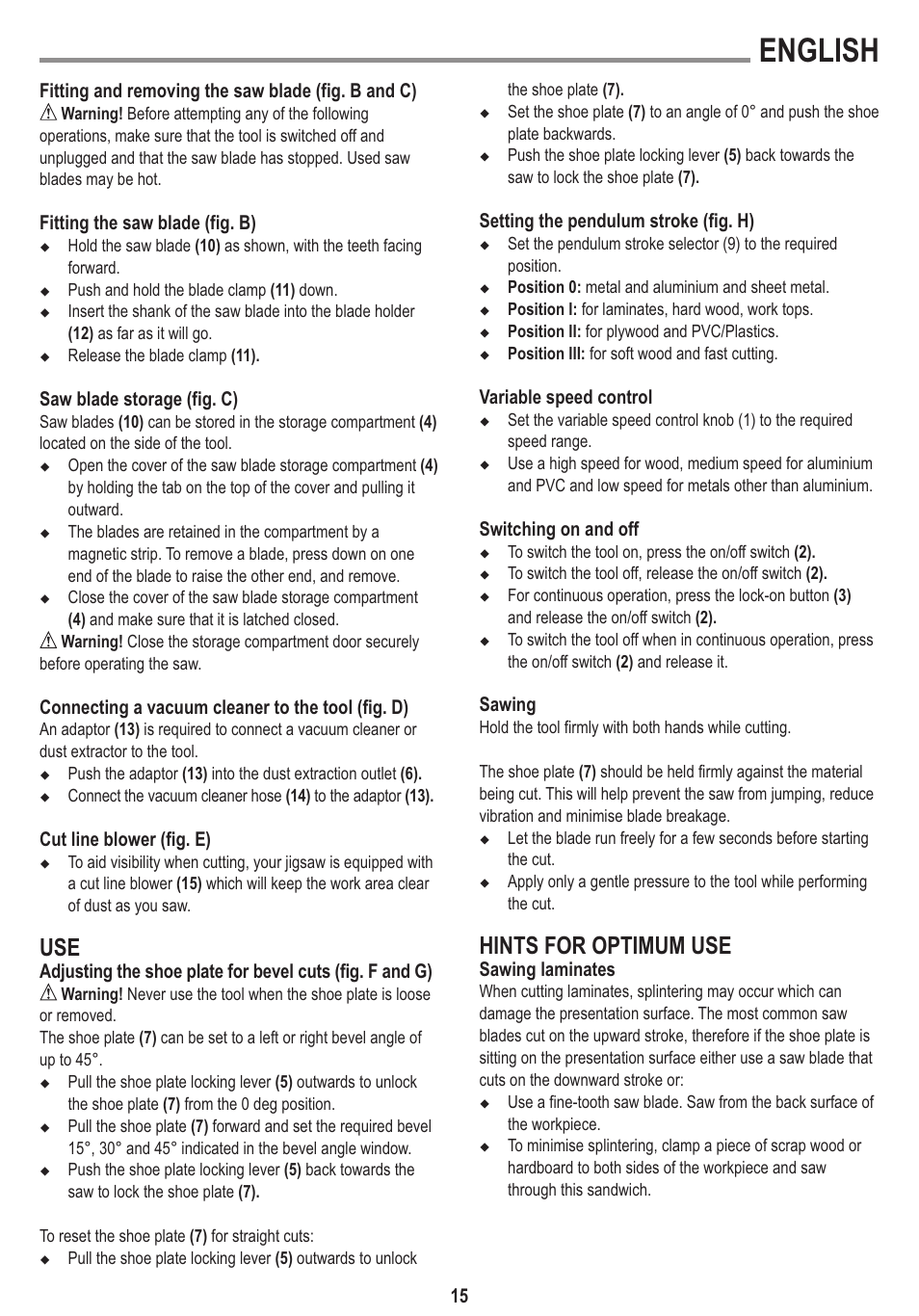 English, Hints for optimum use | Black & Decker Linea Pro KS650K User Manual | Page 15 / 17