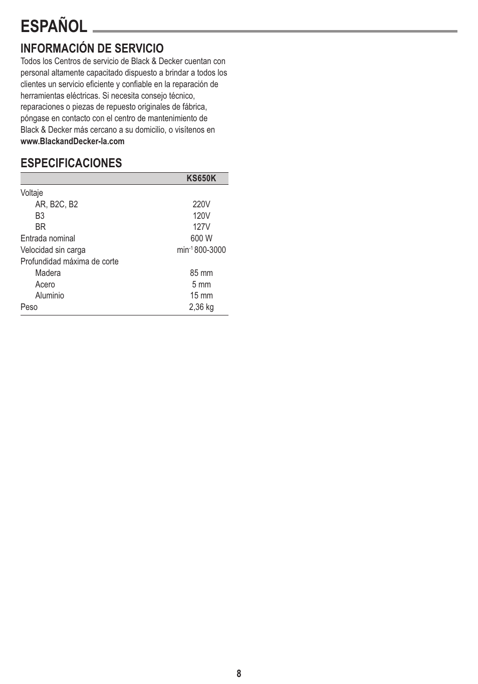 Español, Información de servicio, Especificaciones | Black & Decker Linea Pro KS650K User Manual | Page 8 / 17