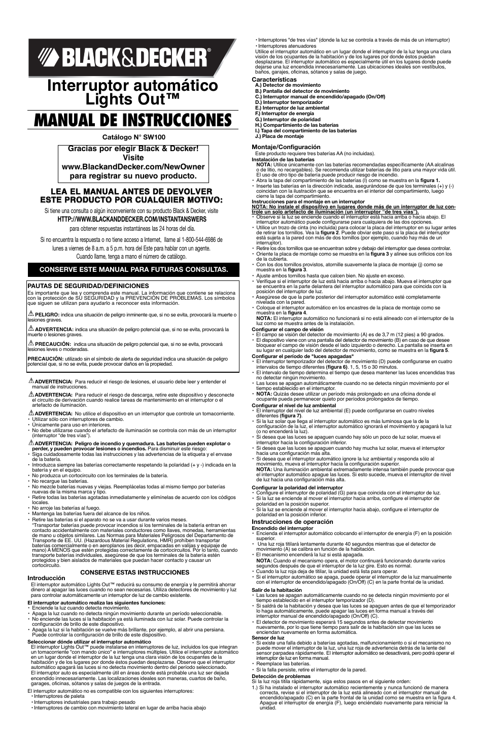 Manual de instrucciones, Interruptor automático lights out | Black & Decker Lights Out 90539953 User Manual | Page 4 / 5
