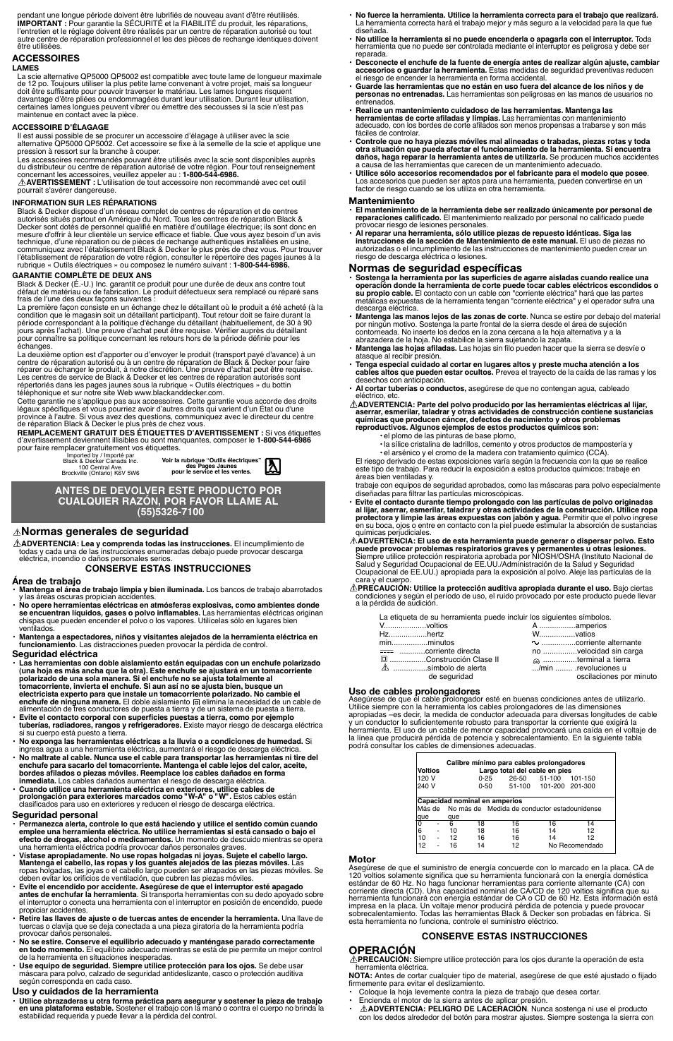 Normas generales de seguridad, Normas de seguridad específicas, Operación | Black & Decker Quantum Pro QP5002 User Manual | Page 4 / 5