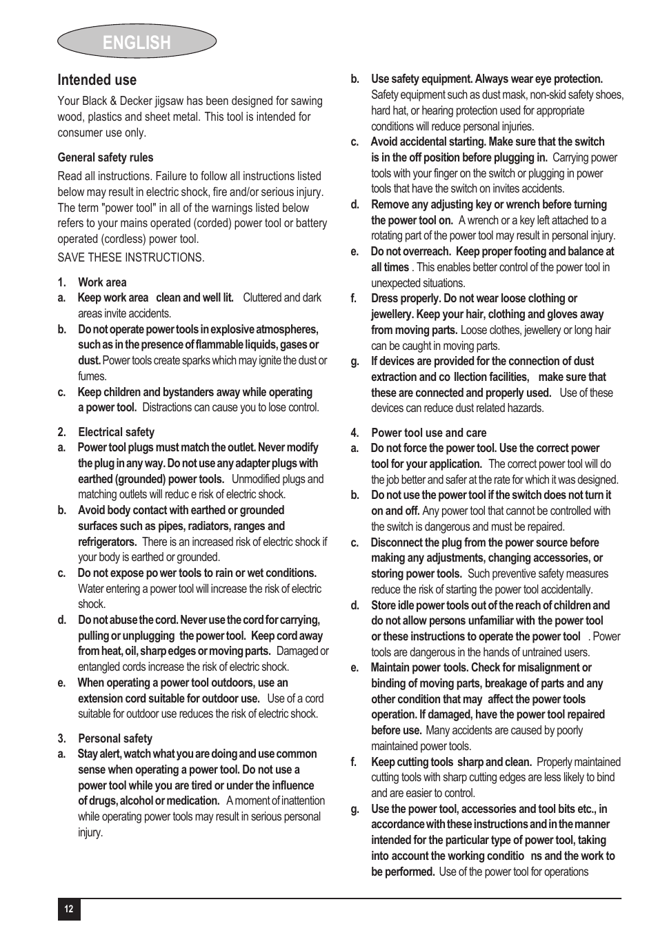 English, Intended use | Black & Decker KS505 User Manual | Page 12 / 15