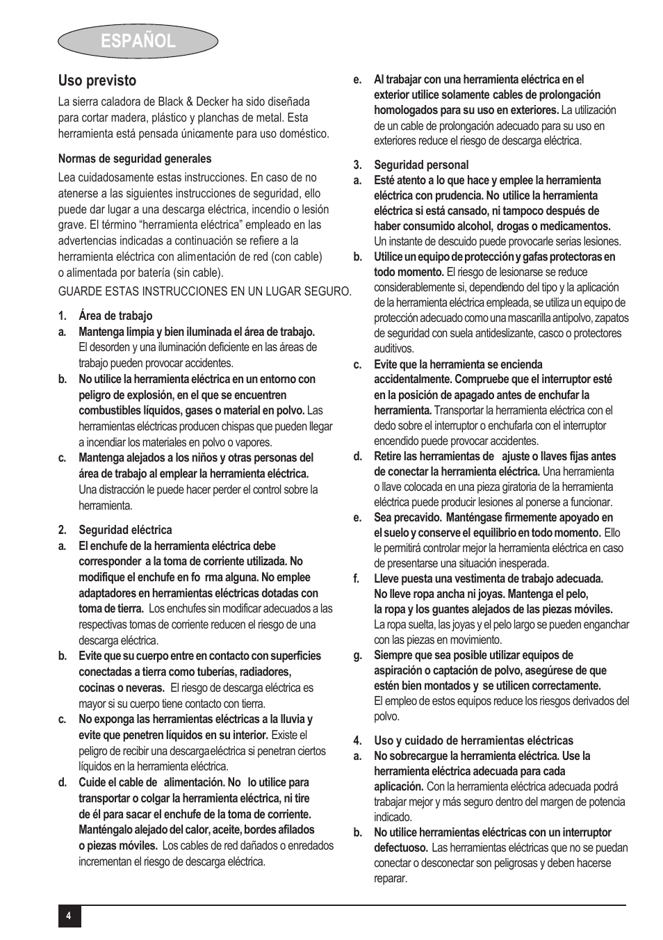 Español, Uso previsto | Black & Decker KS505 User Manual | Page 4 / 15