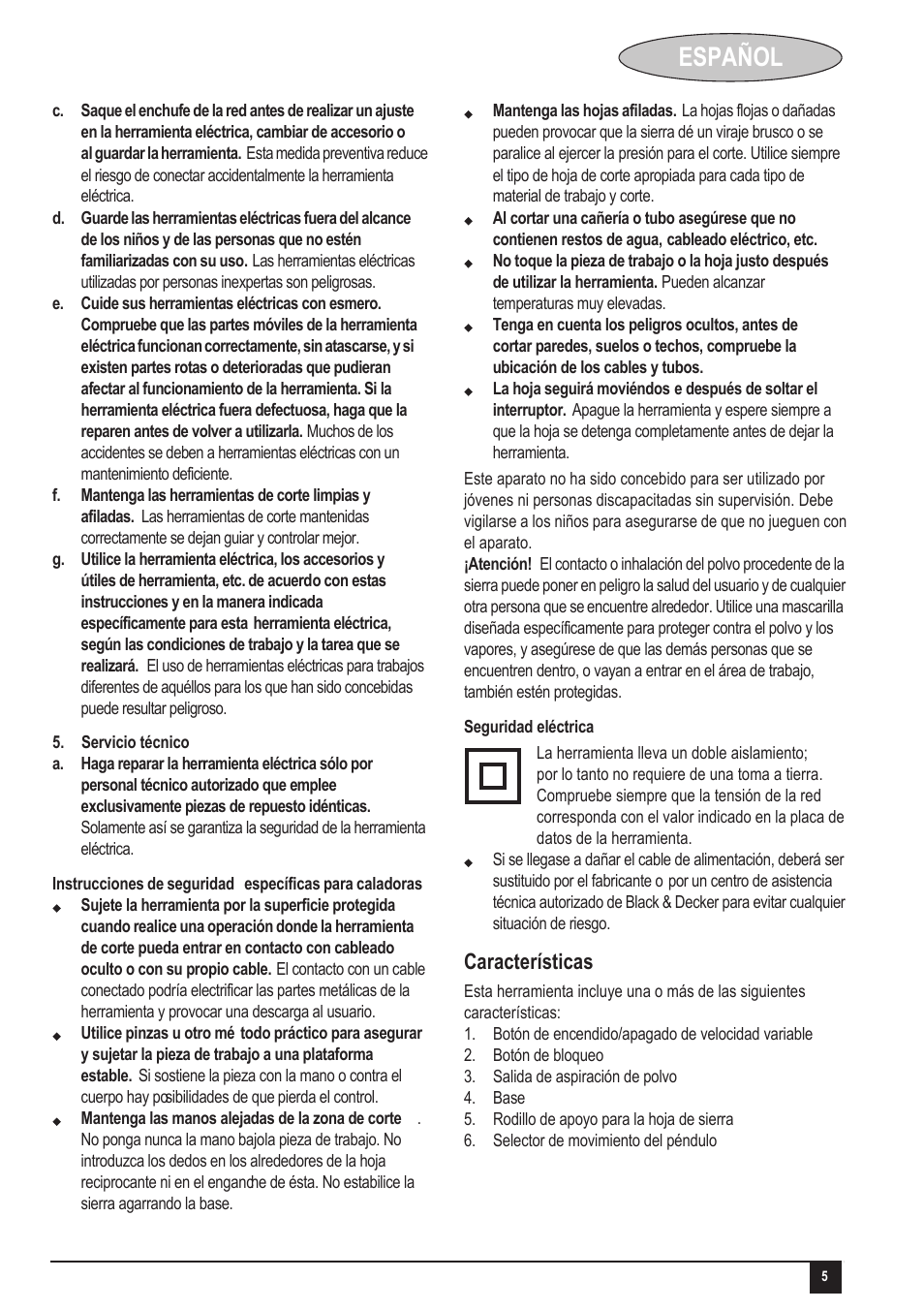 Español, Características | Black & Decker KS505 User Manual | Page 5 / 15