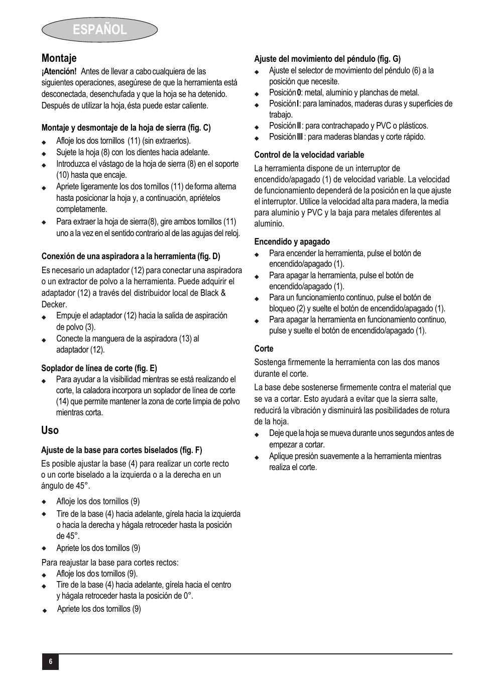 Español, Montaje | Black & Decker KS505 User Manual | Page 6 / 15
