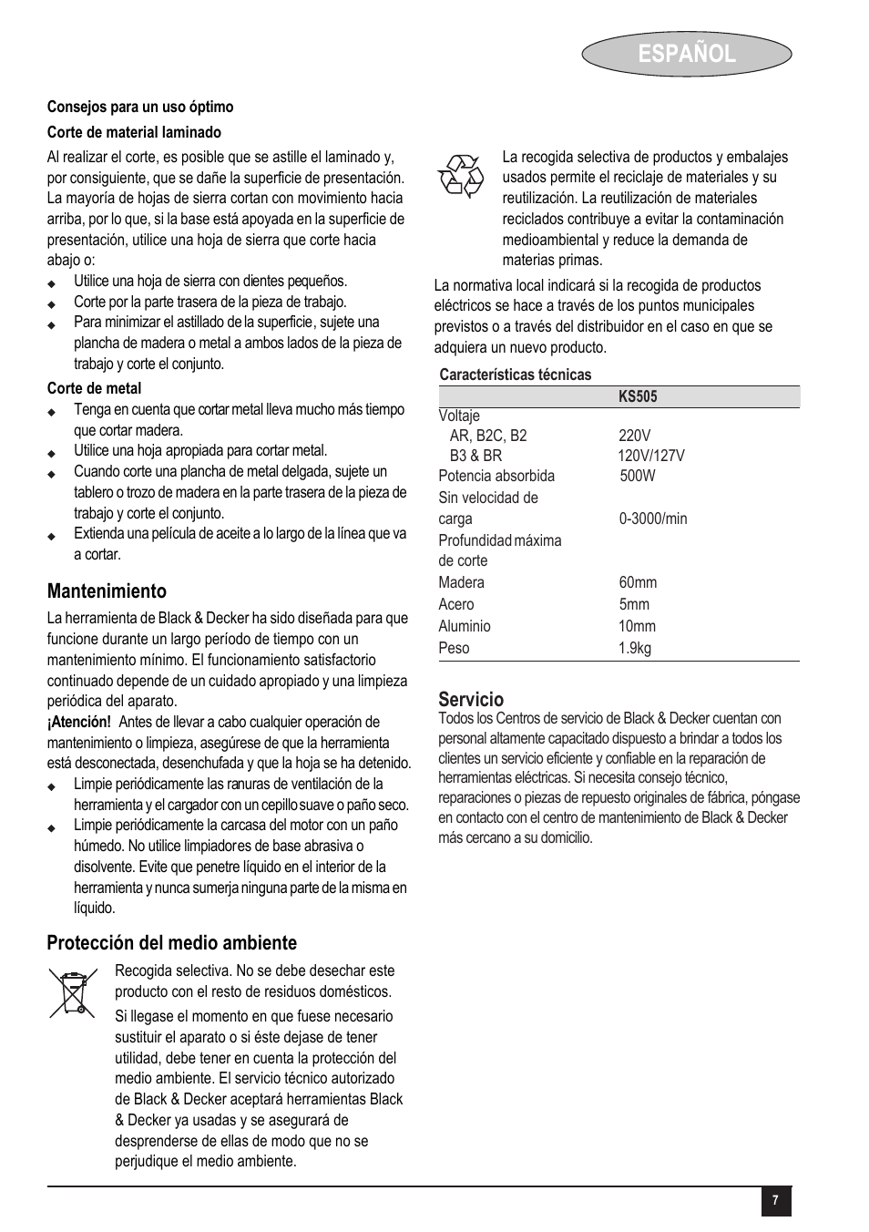 Español | Black & Decker KS505 User Manual | Page 7 / 15