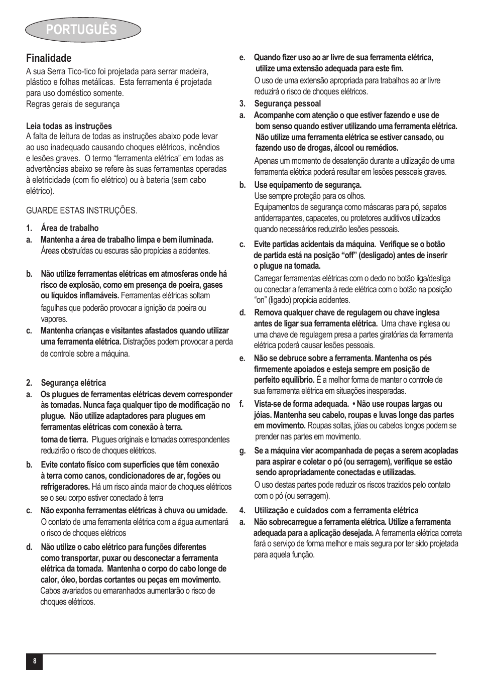 Português, Finalidade | Black & Decker KS505 User Manual | Page 8 / 15