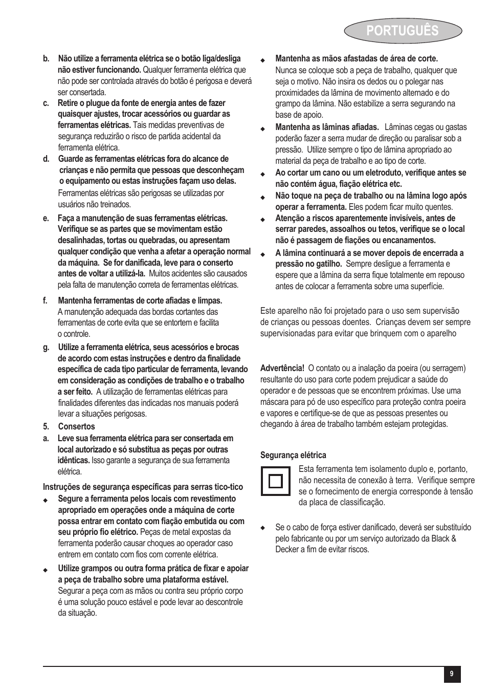 Português | Black & Decker KS505 User Manual | Page 9 / 15