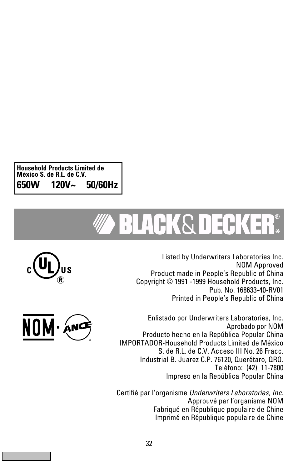 Black & Decker HS900 User Manual | Page 32 / 32