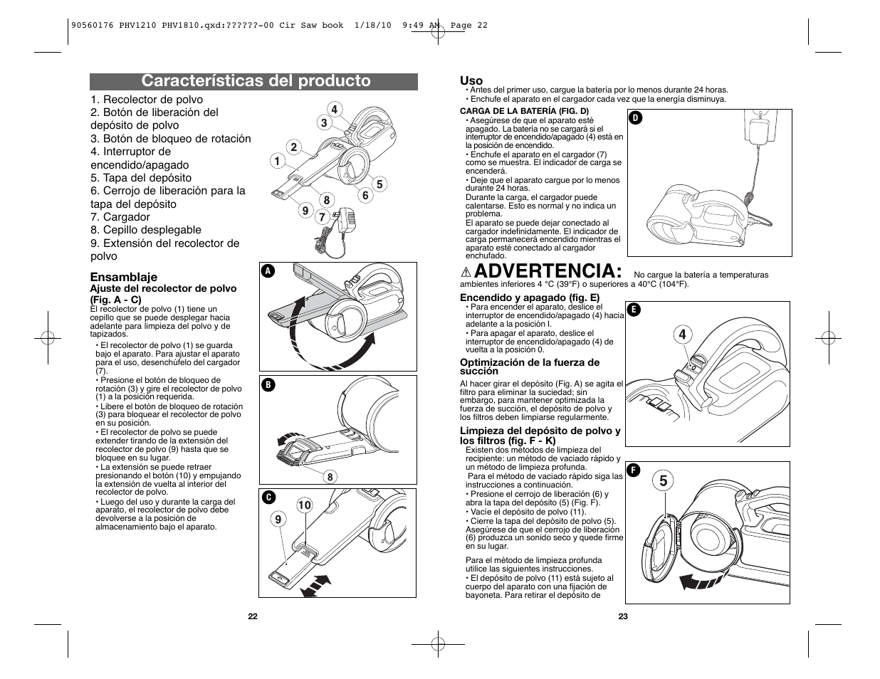 Advertencia, Características del producto | Black & Decker BLACK AND DECKER CORDLESS HAND VAC PHV1810 User Manual | Page 12 / 15