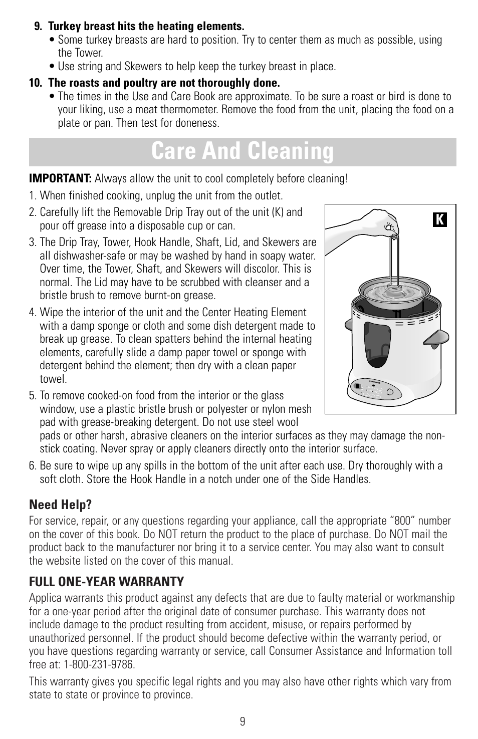 Care and cleaning, Need help, Full one-year warranty | Black & Decker SMARTROTISSERIE RTS600 User Manual | Page 10 / 52