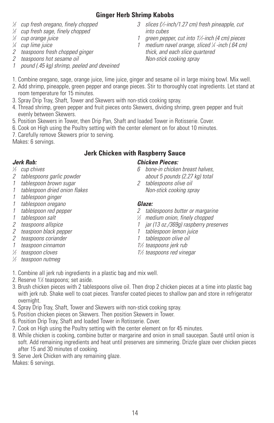 14 ginger herb shrimp kabobs, Jerk chicken with raspberry sauce | Black & Decker SMARTROTISSERIE RTS600 User Manual | Page 15 / 52