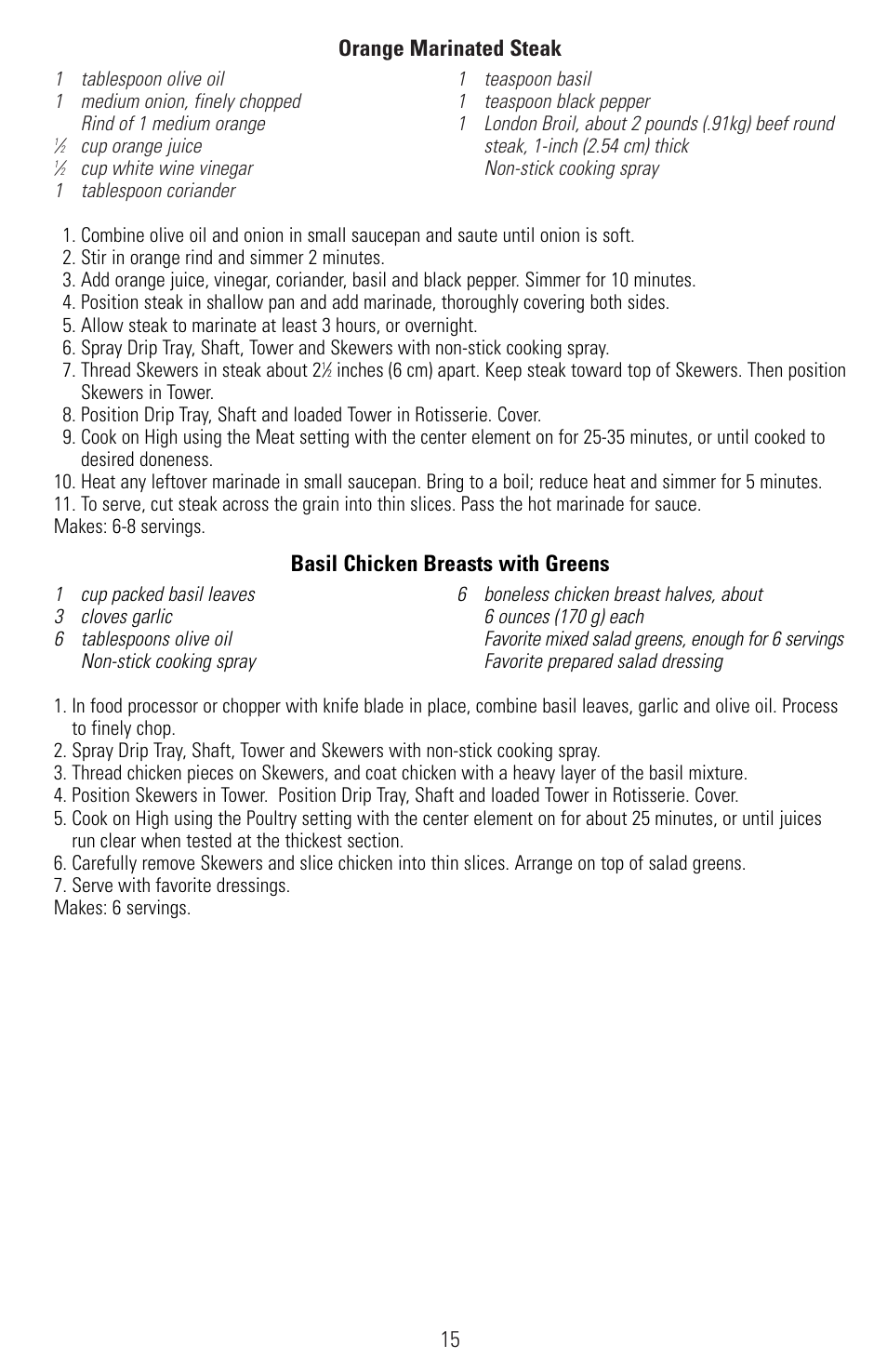 15 orange marinated steak, Basil chicken breasts with greens | Black & Decker SMARTROTISSERIE RTS600 User Manual | Page 16 / 52