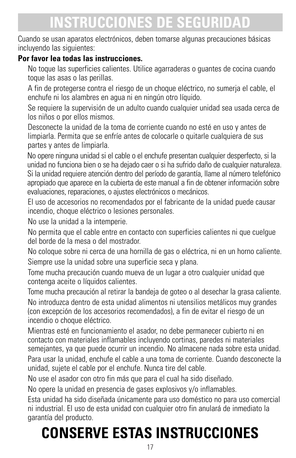 Instrucciones de seguridad, Conserve estas instrucciones | Black & Decker SMARTROTISSERIE RTS600 User Manual | Page 18 / 52
