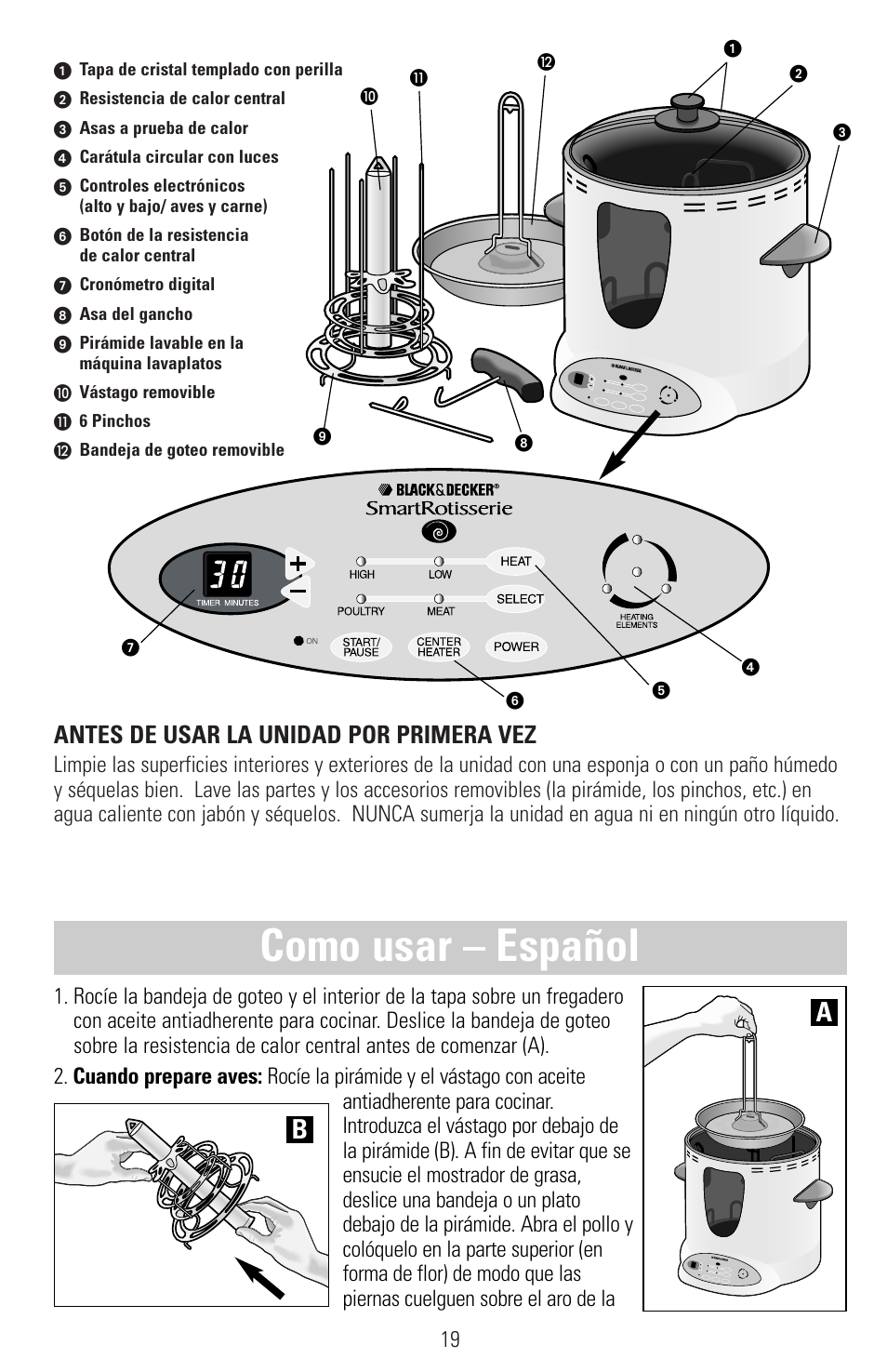 Como usar – español, Antes de usar la unidad por primera vez | Black & Decker SMARTROTISSERIE RTS600 User Manual | Page 20 / 52