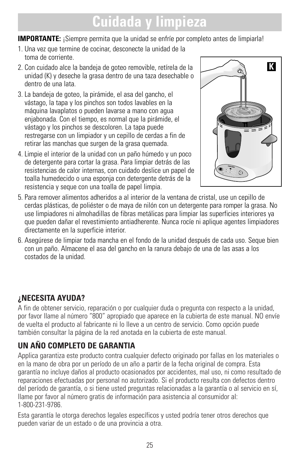Cuidada y limpieza, Necesita ayuda, Un año completo de garantia | Black & Decker SMARTROTISSERIE RTS600 User Manual | Page 26 / 52