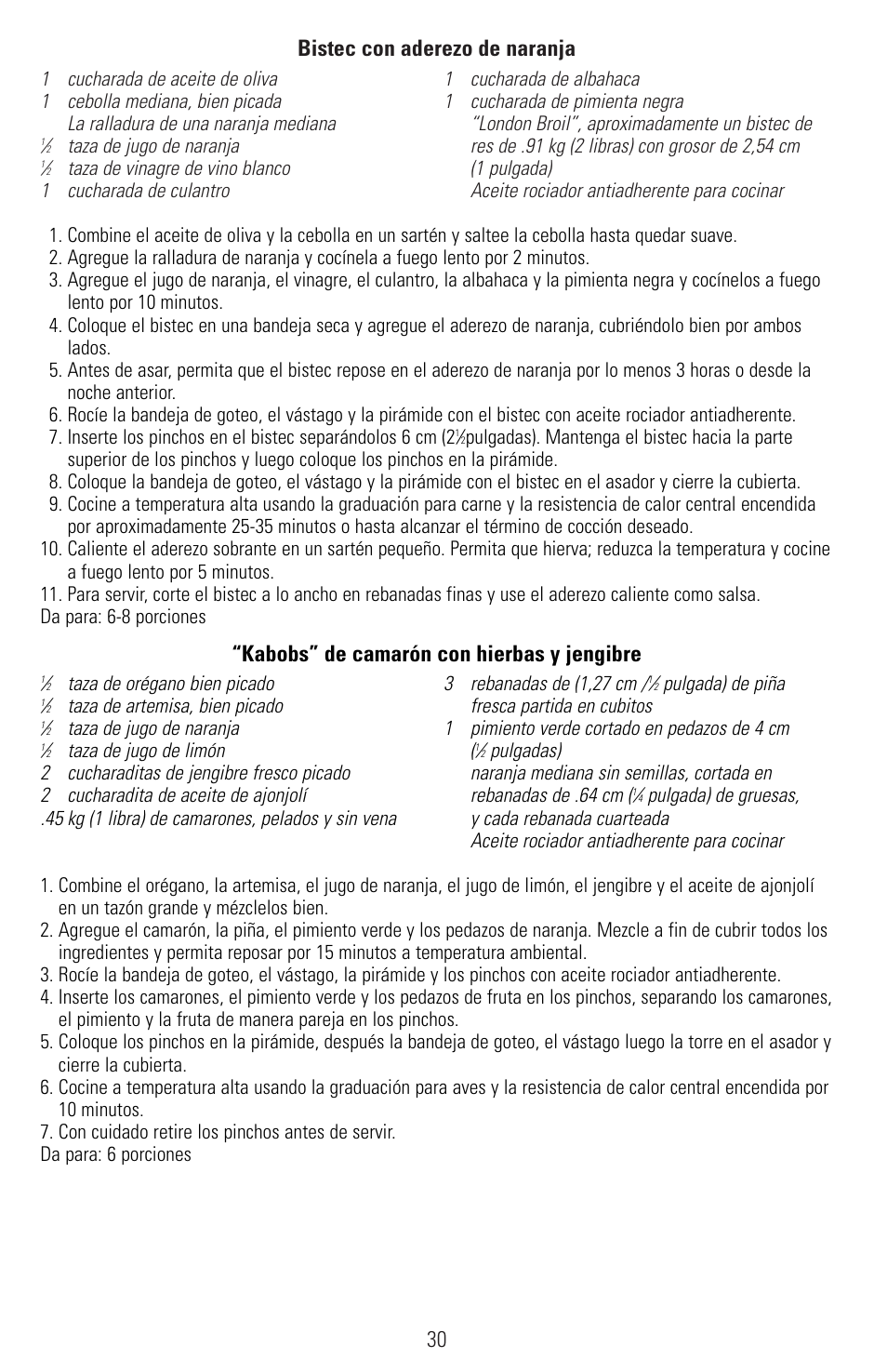 30 bistec con aderezo de naranja, Kabobs” de camarón con hierbas y jengibre | Black & Decker SMARTROTISSERIE RTS600 User Manual | Page 31 / 52