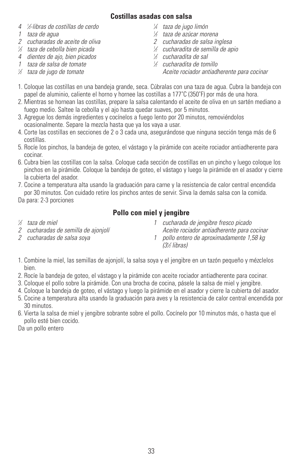Costillas asadas con salsa, Pollo con miel y jengibre | Black & Decker SMARTROTISSERIE RTS600 User Manual | Page 34 / 52