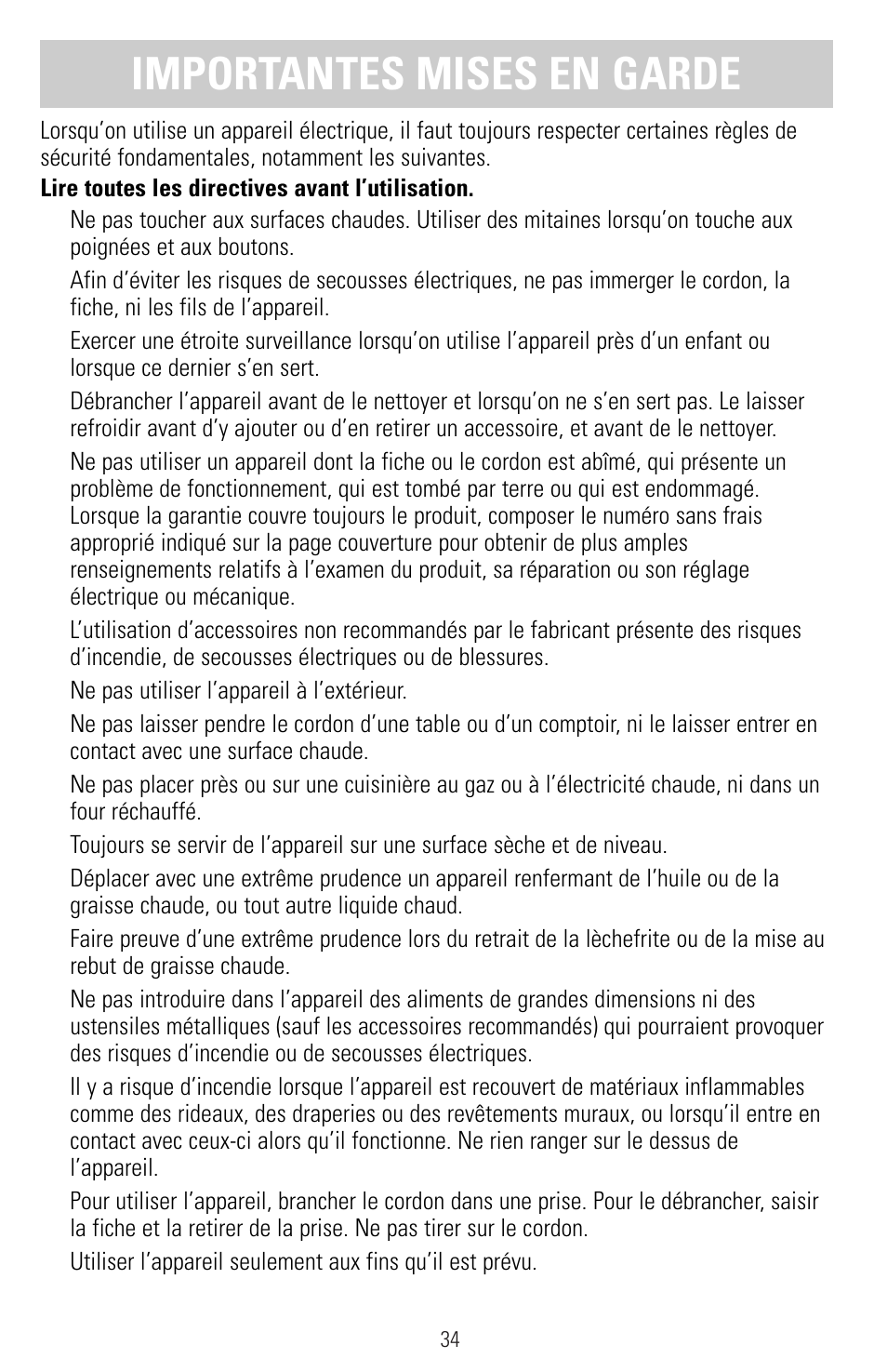 Importantes mises en garde | Black & Decker SMARTROTISSERIE RTS600 User Manual | Page 35 / 52