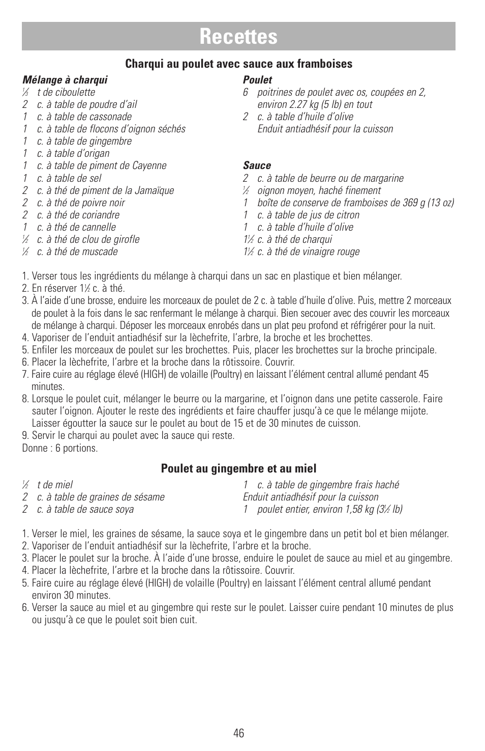 Recettes, 46 charqui au poulet avec sauce aux framboises, Poulet au gingembre et au miel | Black & Decker SMARTROTISSERIE RTS600 User Manual | Page 47 / 52