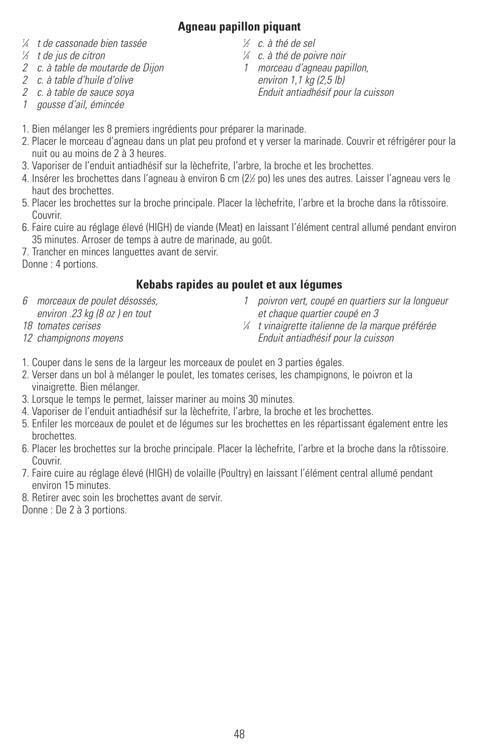 48 agneau papillon piquant, Kebabs rapides au poulet et aux légumes | Black & Decker SMARTROTISSERIE RTS600 User Manual | Page 49 / 52