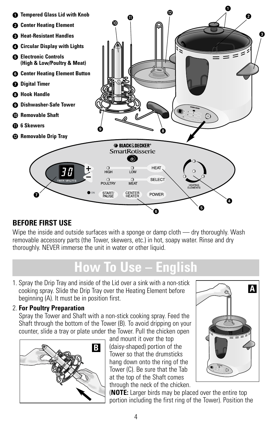 How to use – english, Before first use | Black & Decker SMARTROTISSERIE RTS600 User Manual | Page 5 / 52