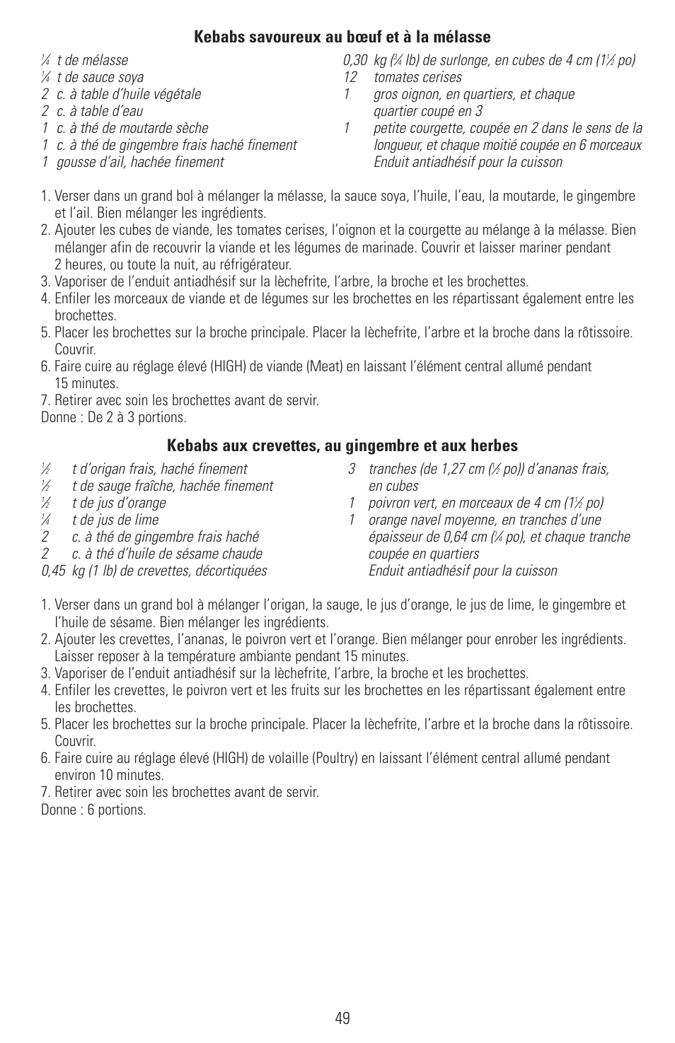 49 kebabs savoureux au bœuf et à la mélasse, Kebabs aux crevettes, au gingembre et aux herbes | Black & Decker SMARTROTISSERIE RTS600 User Manual | Page 50 / 52