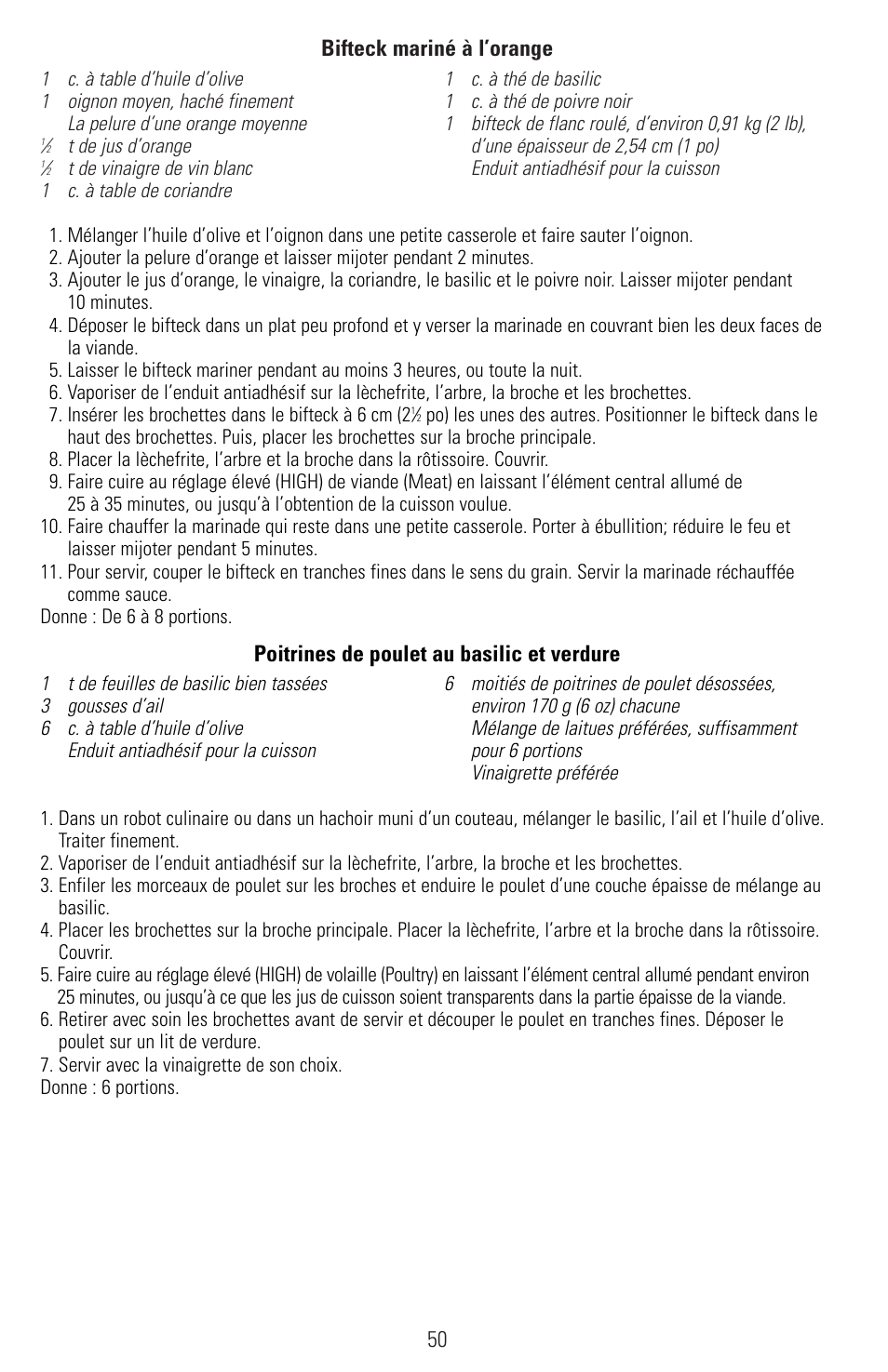 50 bifteck mariné à l’orange, Poitrines de poulet au basilic et verdure | Black & Decker SMARTROTISSERIE RTS600 User Manual | Page 51 / 52