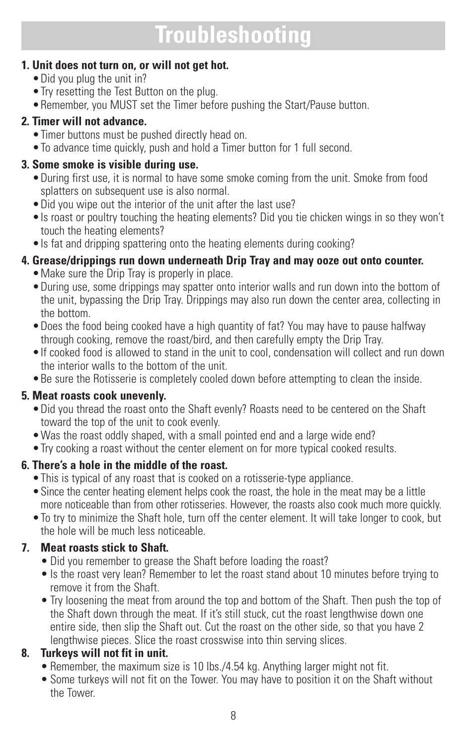 Troubleshooting | Black & Decker SMARTROTISSERIE RTS600 User Manual | Page 9 / 52