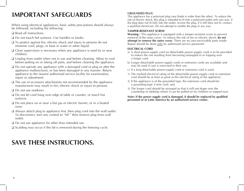 Important safeguards, Save these instructions | Black & Decker CK1500R User Manual | Page 2 / 13