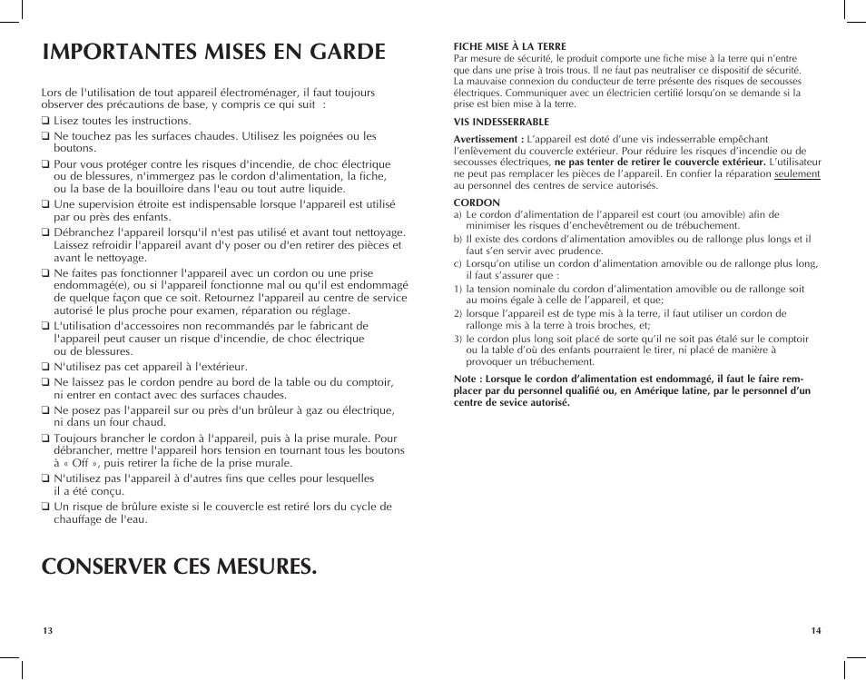 Importantes mises en garde, Conserver ces mesures | Black & Decker CK1500R User Manual | Page 8 / 13