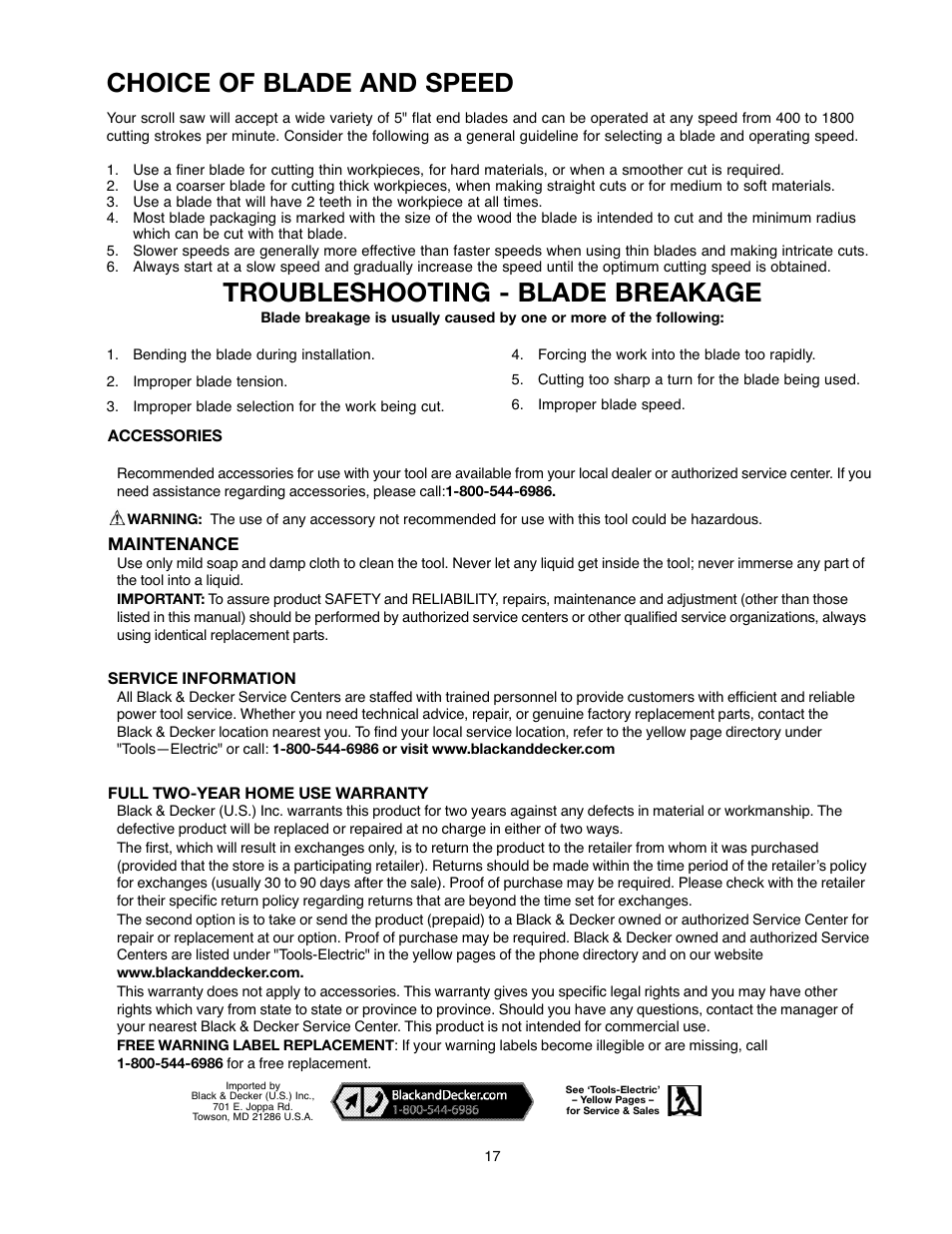 Troubleshooting - blade breakage, Choice of blade and speed | Black & Decker 90527840 User Manual | Page 17 / 39