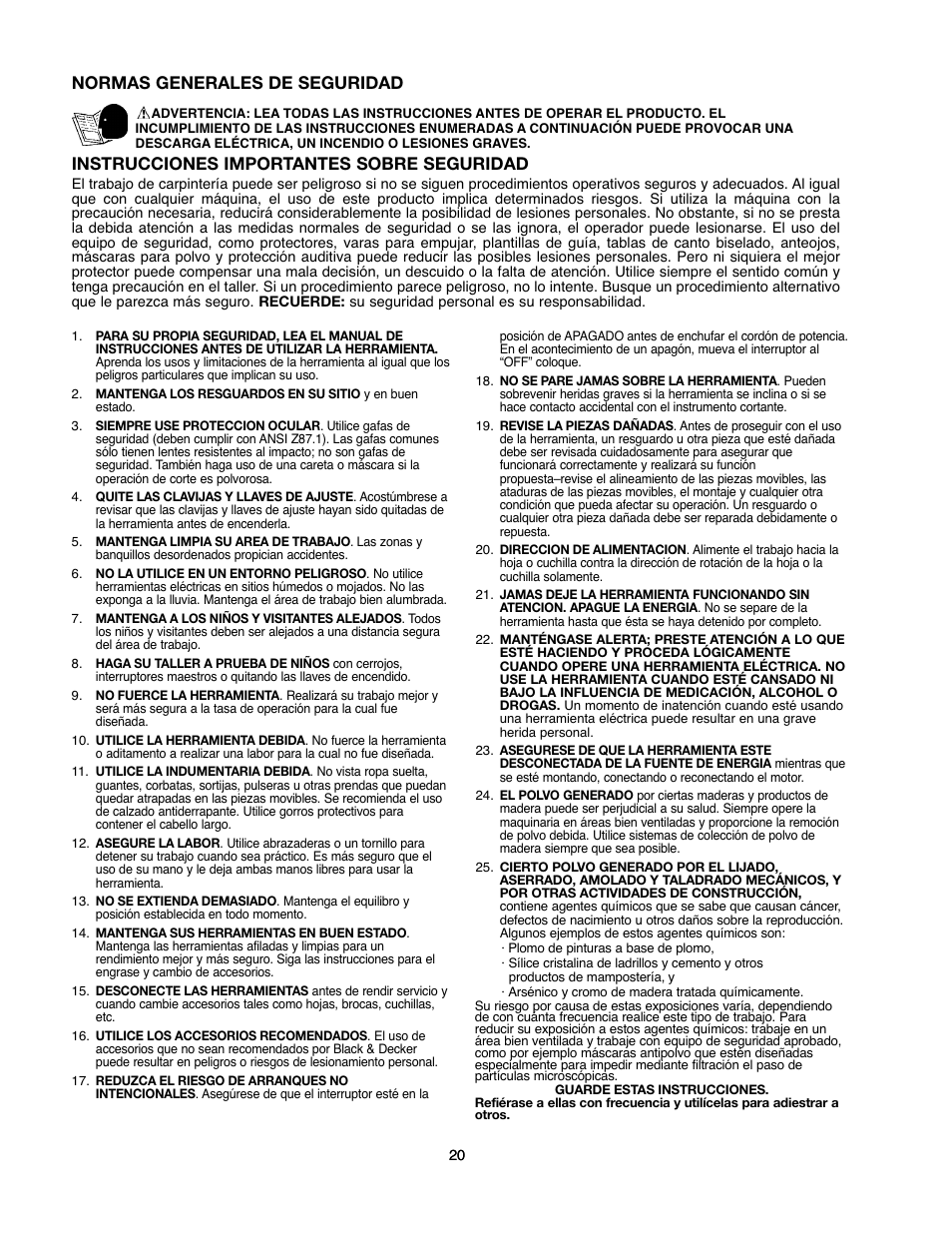 Normas generales de seguridad, Instrucciones importantes sobre seguridad | Black & Decker 90527840 User Manual | Page 20 / 39