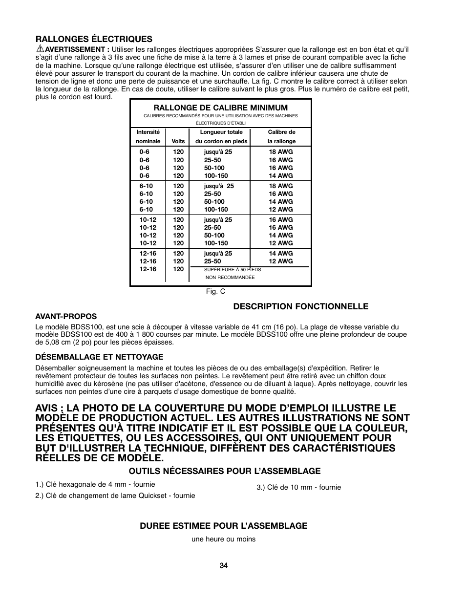 Description fonctionnelle, Outils nécessaires pour l’assemblage, Rallonges électriques | Duree estimee pour l’assemblage | Black & Decker 90527840 User Manual | Page 34 / 39