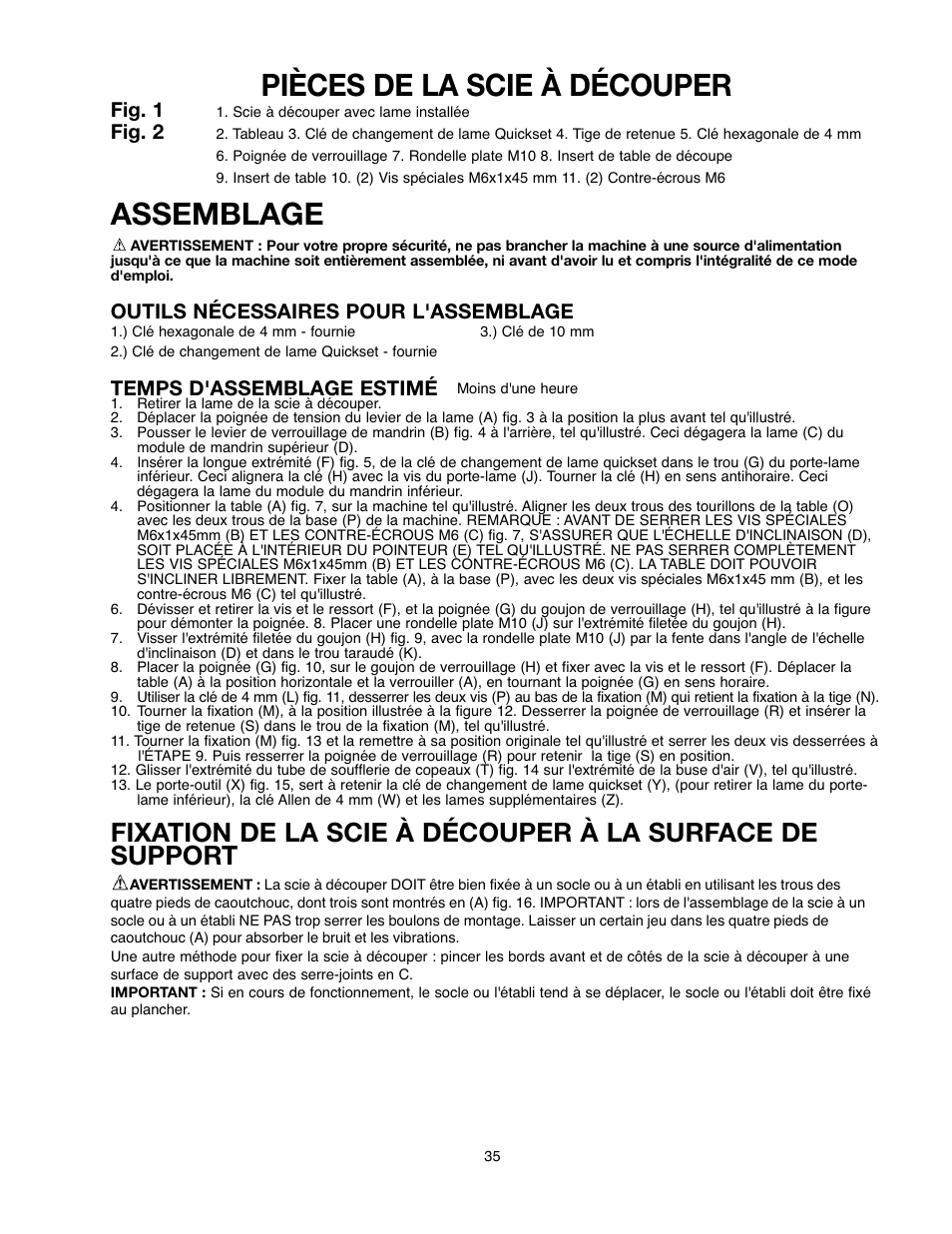 Pièces de la scie à découper, Assemblage, Fig. 1 | Fig. 2, Outils nécessaires pour l'assemblage, Temps d'assemblage estimé | Black & Decker 90527840 User Manual | Page 35 / 39