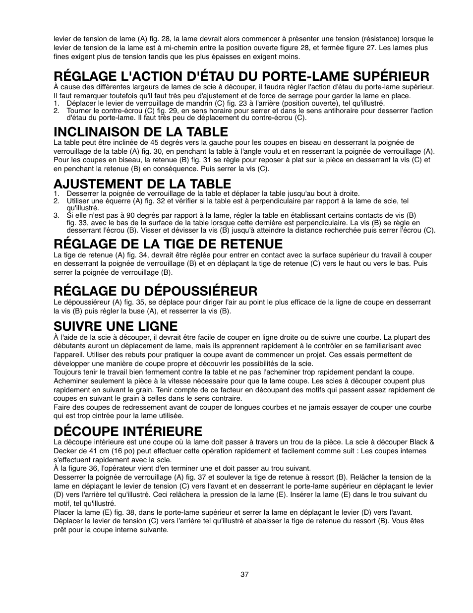 Réglage l'action d'étau du porte-lame supérieur, Inclinaison de la table, Ajustement de la table | Réglage de la tige de retenue, Réglage du dépoussiéreur, Suivre une ligne, Découpe intérieure | Black & Decker 90527840 User Manual | Page 37 / 39