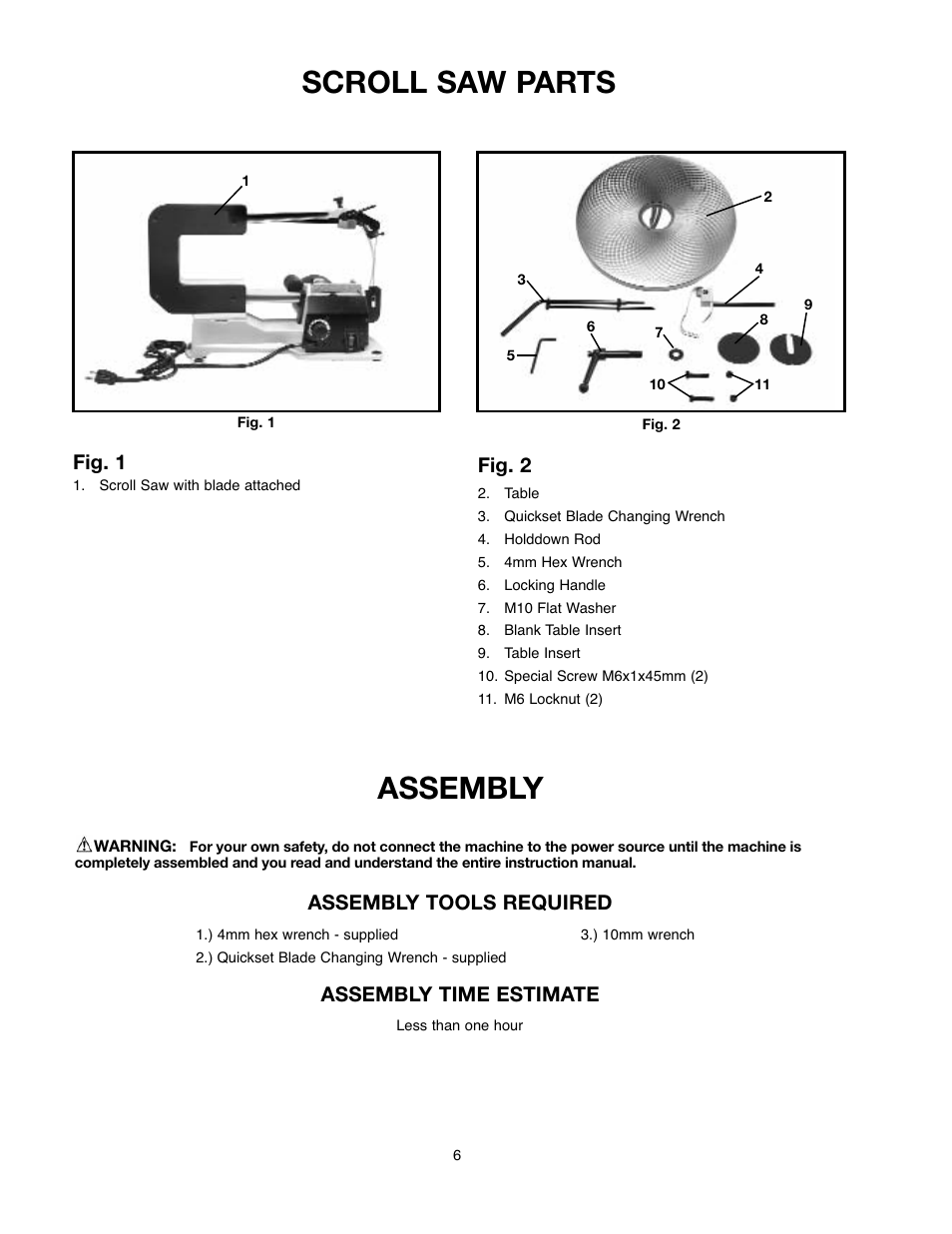 Scroll saw parts, Assembly, Fig. 1 | Fig. 2, Assembly tools required assembly time estimate | Black & Decker 90527840 User Manual | Page 6 / 39