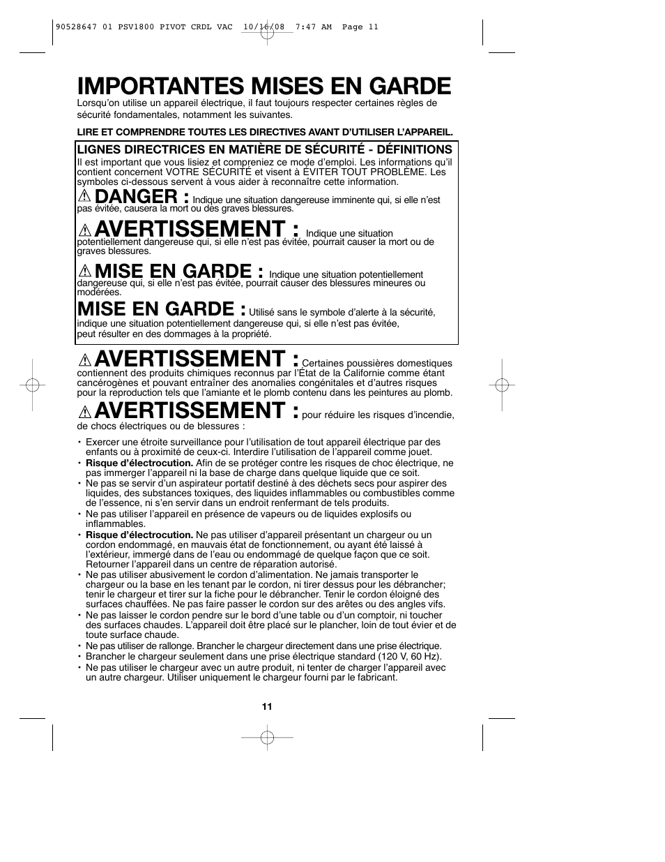 Importantes mises en garde, Avertissement, Danger | Mise en garde | Black & Decker 90528647 User Manual | Page 11 / 24