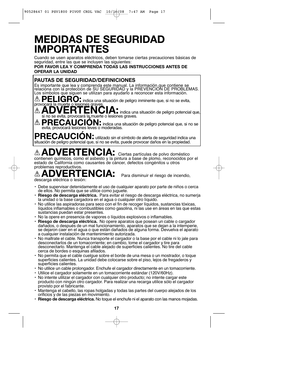 Medidas de seguridad importantes, Advertencia, Peligro | Precaución | Black & Decker 90528647 User Manual | Page 17 / 24