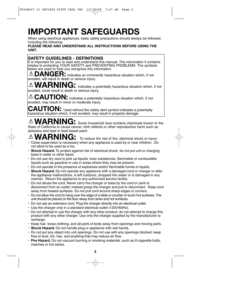 Important safeguards, Warning, Danger | Caution | Black & Decker 90528647 User Manual | Page 2 / 24