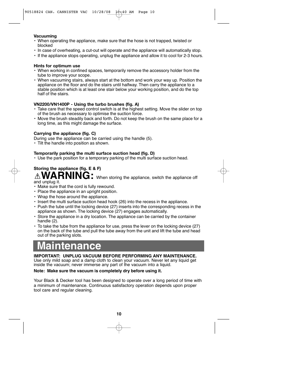 Maintenance, Warning | Black & Decker VN2200 User Manual | Page 10 / 36