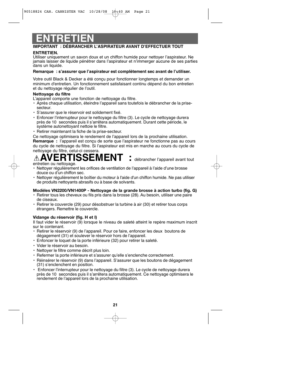 Entretien, Avertissement | Black & Decker VN2200 User Manual | Page 21 / 36